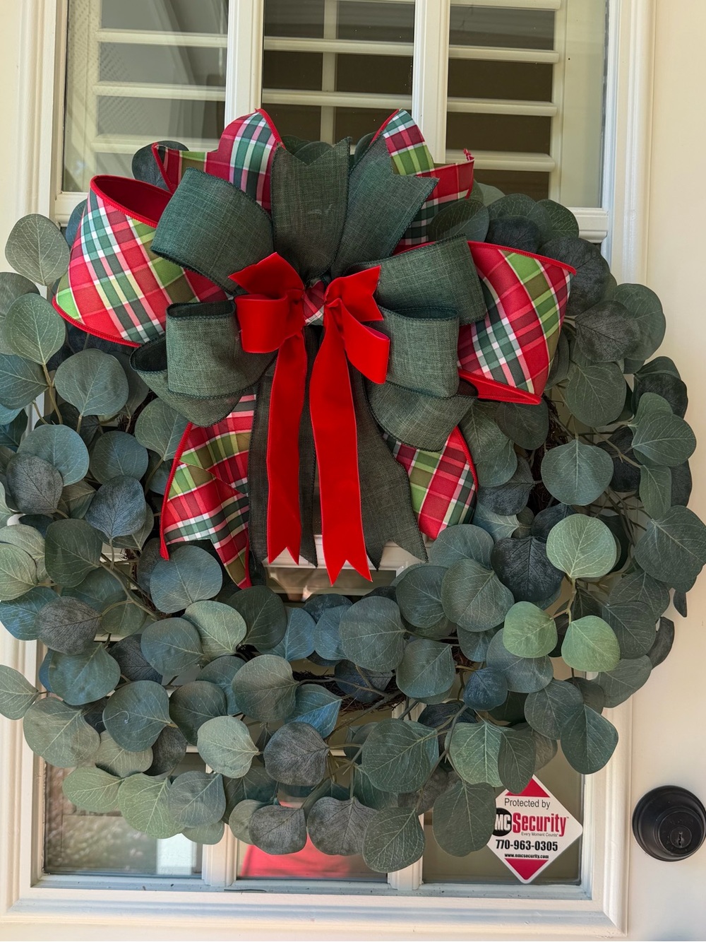 Holiday Eucalyptus Wreath with Red & Green Plaid Bow